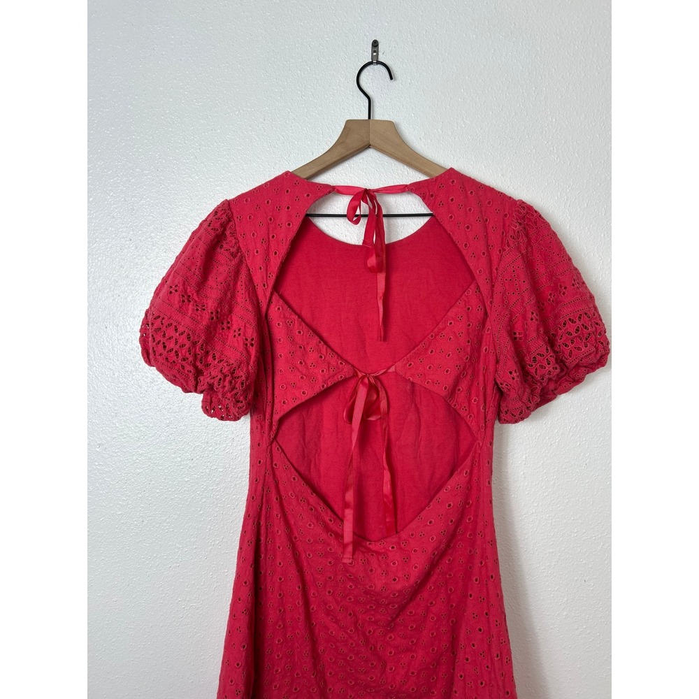 Free People Apricot Rose Mini Puff Sleeve Eyelet Dress Strawberry Spritz Small - Picture 8 of 9